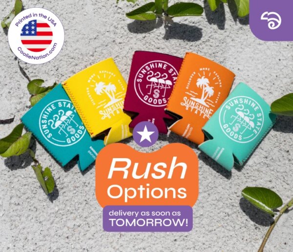 Custom koozies in various colors with single ink print, featuring rush options and delivery as soon as tomorrow.