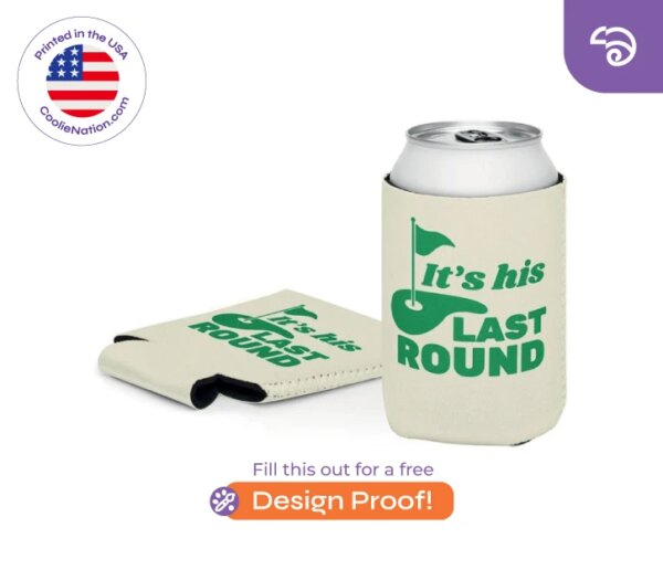 Custom koozies with a golf design and single ink print, offering a free design proof for your personalized order.