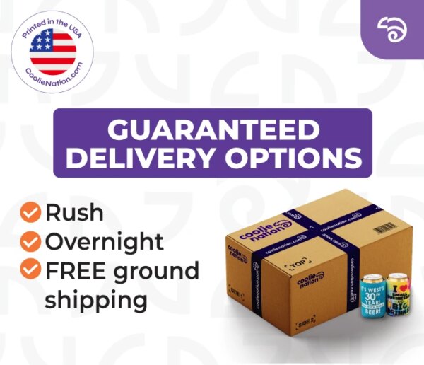 Two custom collapsible neoprene can koozies with full-color print beside a box and text about shipping options