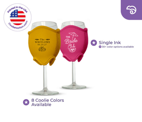 Personalized neoprene wine glass koozies in yellow and pink for bridal party and bachelorette events