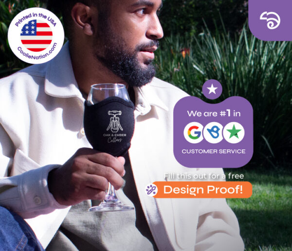 Black neoprene wine glass koozie with custom logo print used as a branded event giveaway