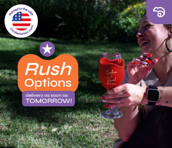 Custom red wine glass koozie with personalized names being held outdoors, featuring rush delivery option