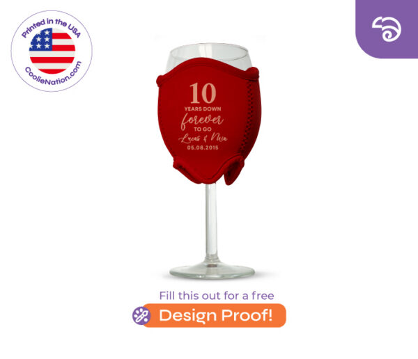 Red personalized wine glass koozie made from neoprene with custom anniversary print design