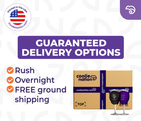 Custom zipper fabric bottle coolers with guaranteed rush and overnight shipping, packaged for bulk personalized orders