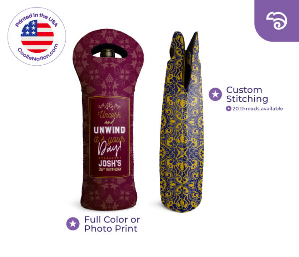 Personalized wine bottle coolers with full color print and custom stitching options, including patterned and birthday designs from CoolieNation.