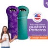 Custom patterned wine bottle coolers in purple and teal with woman pointing, promoting personalized designs from CoolieNation.