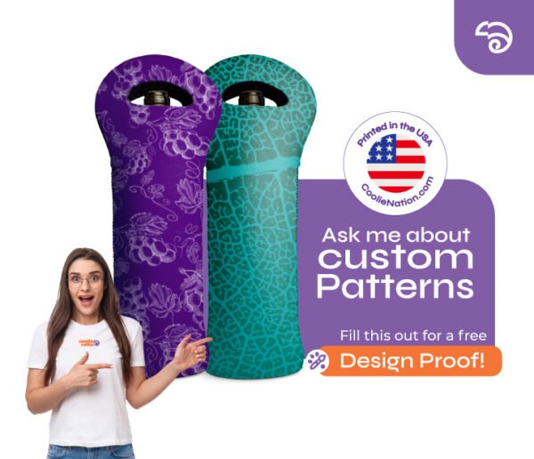 Custom patterned wine bottle coolers in purple and teal with woman pointing, promoting personalized designs from CoolieNation.