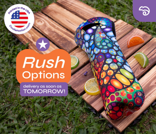 Colorful patterned wine bottle cooler on wooden table with citrus slices, featuring rush delivery options from CoolieNation.