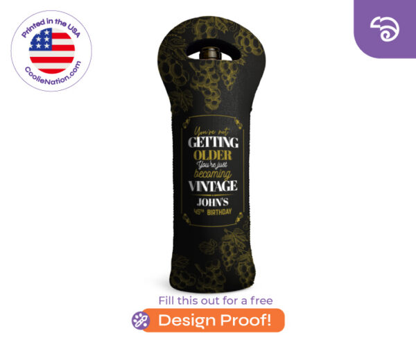 Black personalized wine bottle cooler with gold vintage design for 45th birthday celebration, custom print by CoolieNation.