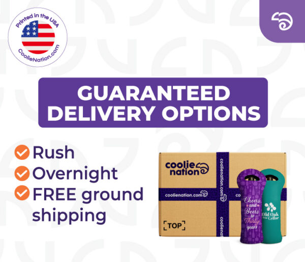 CoolieNation guaranteed delivery options with custom wine tote coolers and branded shipping box, including rush, overnight, and free ground shipping.