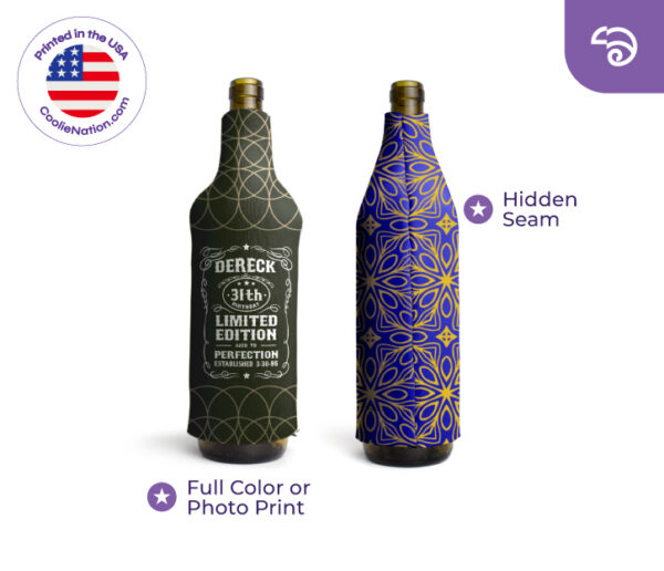 Custom wine bottle coolers with full color print and hidden seam design, featuring patterned and birthday styles from CoolieNation.