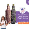 Custom patterned wine bottle coolers with floral and photo designs, with woman pointing to personalized options from CoolieNation.