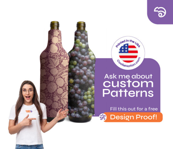 Custom patterned wine bottle coolers with floral and photo designs, with woman pointing to personalized options from CoolieNation.