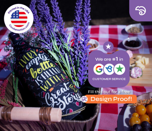 Black custom wine bottle cooler with colorful typography design at picnic, highlighting top-rated customer service by CoolieNation.