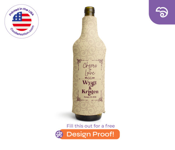 Beige personalized wine bottle cooler with couple names and wedding date, elegant custom design by CoolieNation.