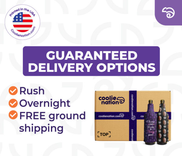 CoolieNation guaranteed delivery options with custom wine bottle coolers and branded shipping box, including rush, overnight, and free ground shipping.