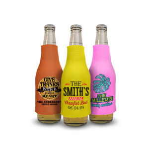 set of three foam sleeves koozie that fit over a bottle to keep drinks cool with customized family reunion design