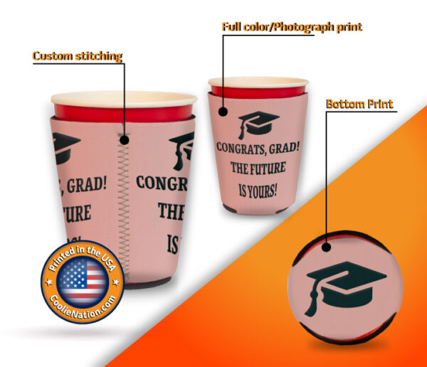 Custom solo cup koozie with a celebratory graduation design for graduates