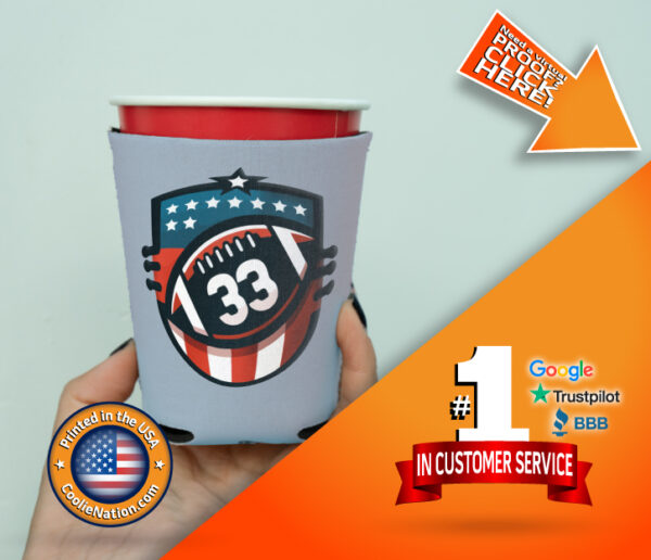 Hand holding a custom solo cup koozie with an NFL design