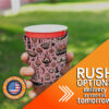Hand holding a custom solo cup koozie with a 'rush delivery' text