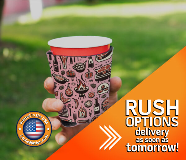 Hand holding a custom solo cup koozie with a 'rush delivery' text