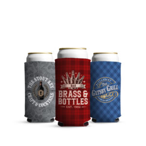 three pack koozie for mini can beer 8 ounce slim with small business design on them