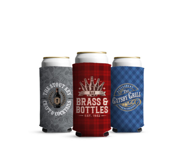 three pack koozie for mini can beer 8 ounce slim with small business design on them