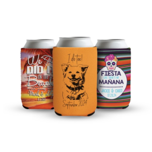 Custom collapsible neoprene can koozie with a wedding print design, perfect for wedding favors or special celebrations.