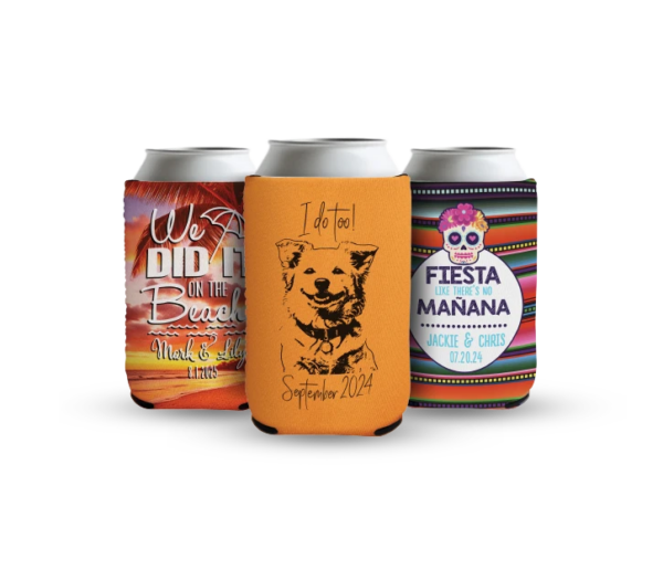 Custom collapsible neoprene can koozie with a wedding print design, perfect for wedding favors or special celebrations.