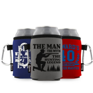 Custom blue and grey carabiner koozie with a fun birthday and party design in single ink