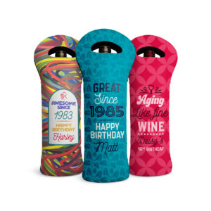 three wine bottle tote bags custom covers with vibrant birthday designs