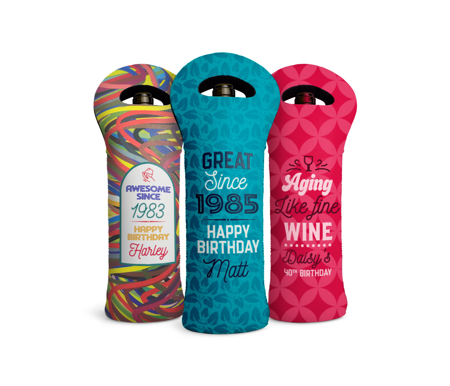 three wine bottle tote bags custom covers with vibrant birthday designs