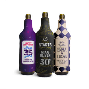 Neoprene wine bottle koozies with anniversary design on them to keep drinks cold and protect bottles from breaking.