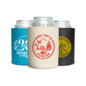 Custom hard foam koozies with text and single ink print in different designs, ideal for weddings, birthday parties, and corporate giveaways.