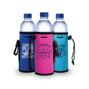 Customize a set of three water bottle neoprene koozies for birthday kids and baby shower