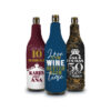 Neoprene wine bottle koozies with anniversary design on them to keep drinks cold and protect bottles from breaking.
