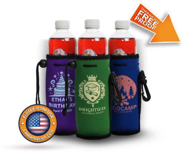 Personalized water bottle koozie with birthday, graduation, and camp themes