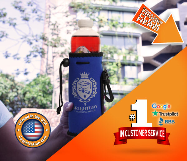 Woman holding a custom water bottle koozie with a celebratory graduation design
