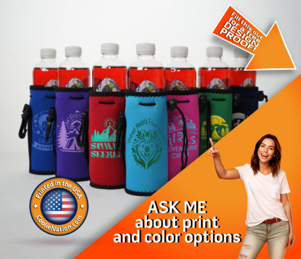 Custom water bottle coolies in various colors with print designs