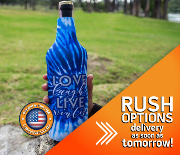 Custom wine bottle koozie next to a banner advertising fast shipping