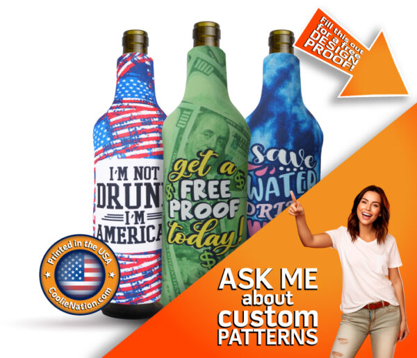 Wine bottle koozies with custom patterns