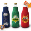 Three custom zipper bottle koozies featuring elegant wedding designs and celebratory graduation themes