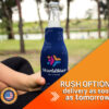 A woman enjoying a sunny day in the park while holding a custom zipper bottle koozie featuring a logo