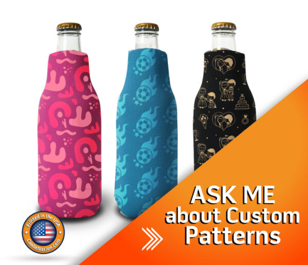 Custom zipper bottle koozies in three different patterns, perfect for keeping drinks cold.
