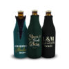 set of three zipper bottle koozie with foam material and custom wedding print on them to keep drinks colder for longer