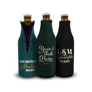 set of three zipper bottle koozie with foam material and custom wedding print on them to keep drinks colder for longer