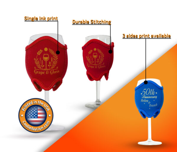 Neoprene wine glass koozie with a custom logo bar and anniversary wedding design