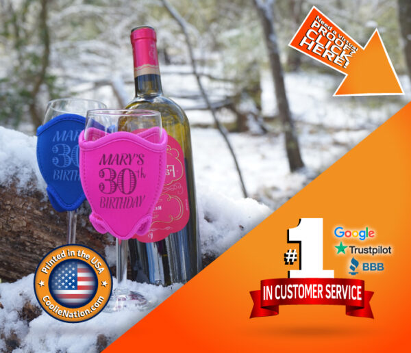 two Neoprene wine glass koozies and a bottle of wine resting in the snow