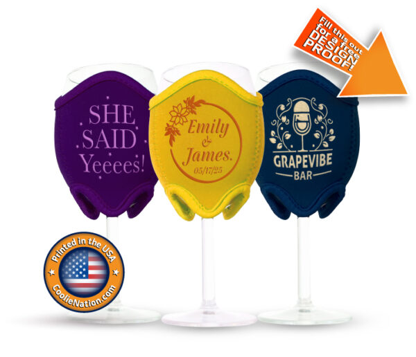 Neoprene wine glass koozies with custom wedding, business, and bachelorette designs