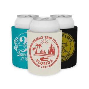 Custom hard foam koozies with text and single ink print in different designs, ideal for weddings, birthday parties, and corporate giveaways.